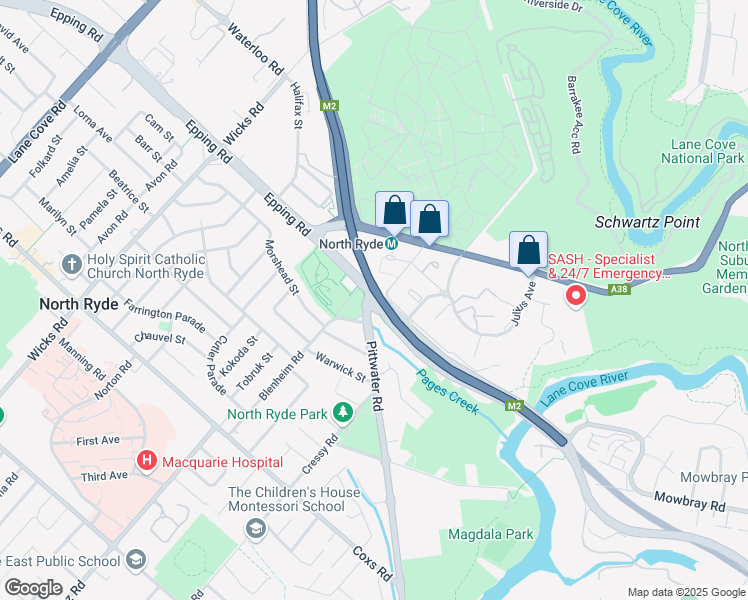 map of restaurants, bars, coffee shops, grocery stores, and more near Epping Road in North Ryde
