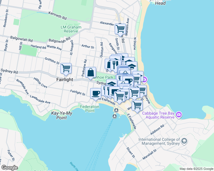 map of restaurants, bars, coffee shops, grocery stores, and more near 7 Tower Street in Manly