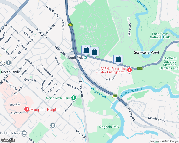 map of restaurants, bars, coffee shops, grocery stores, and more near 1 Epping Road in North Ryde