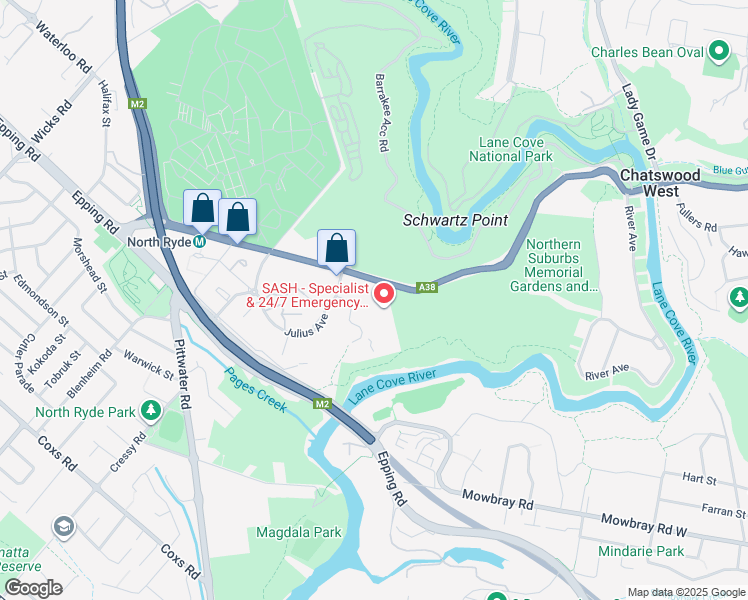 map of restaurants, bars, coffee shops, grocery stores, and more near 3 Richardson Place in North Ryde