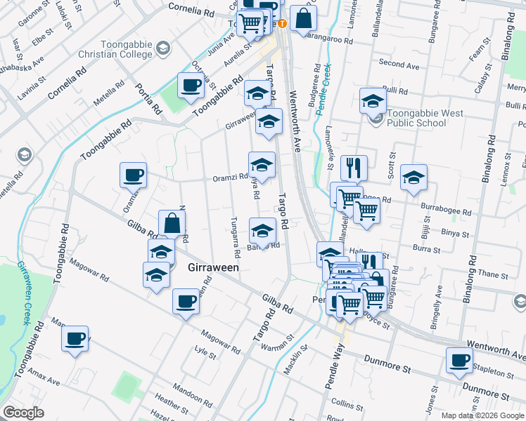 map of restaurants, bars, coffee shops, grocery stores, and more near 13 Carinya Road in Girraween