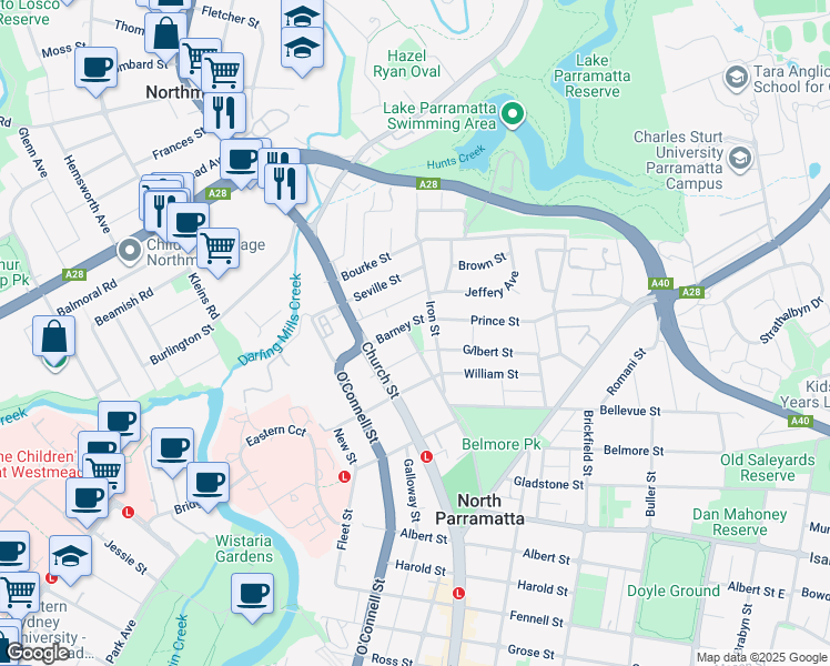 map of restaurants, bars, coffee shops, grocery stores, and more near 15 Barney Street in North Parramatta