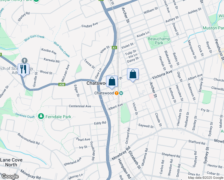 map of restaurants, bars, coffee shops, grocery stores, and more near 465 Victoria Avenue in Chatswood