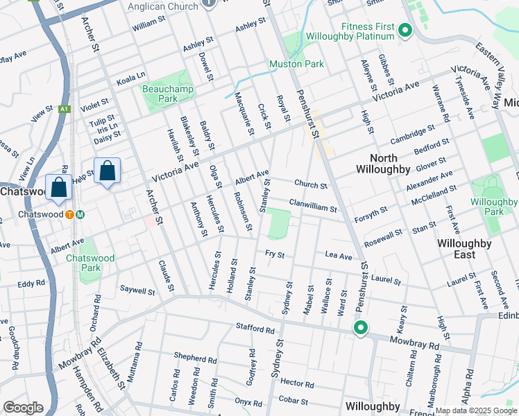 map of restaurants, bars, coffee shops, grocery stores, and more near 42 Stanley Street in Chatswood