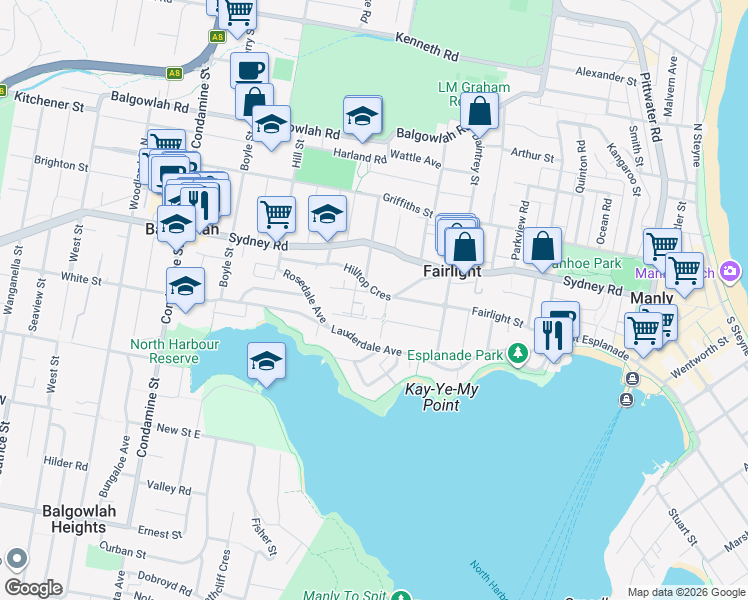 map of restaurants, bars, coffee shops, grocery stores, and more near 55 Fairlight Street in Fairlight