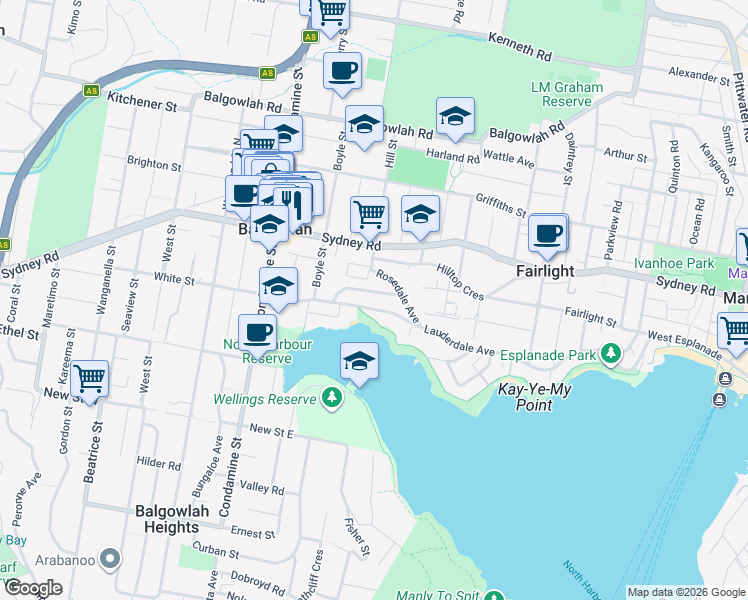 map of restaurants, bars, coffee shops, grocery stores, and more near 86 Lauderdale Avenue in Fairlight