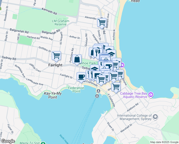 map of restaurants, bars, coffee shops, grocery stores, and more near 5 Tower Street in Manly