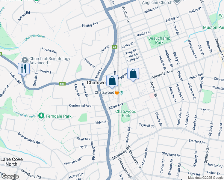 map of restaurants, bars, coffee shops, grocery stores, and more near 465 Victoria Avenue in Chatswood