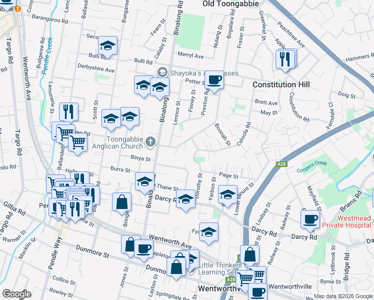 map of restaurants, bars, coffee shops, grocery stores, and more near 9 Bogalara Road in Old Toongabbie