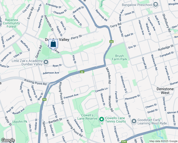 map of restaurants, bars, coffee shops, grocery stores, and more near 20 Stewart Street in Ermington