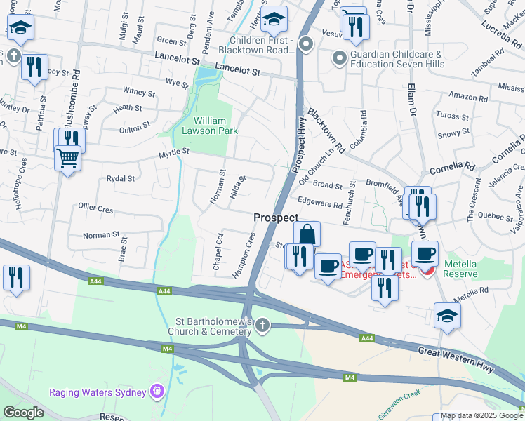 map of restaurants, bars, coffee shops, grocery stores, and more near 6 Harrod Street in Prospect