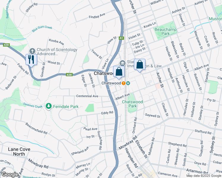 map of restaurants, bars, coffee shops, grocery stores, and more near 799 Pacific Highway in Chatswood