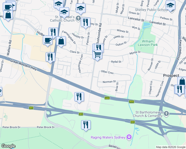 map of restaurants, bars, coffee shops, grocery stores, and more near 390 Flushcombe Road in Blacktown