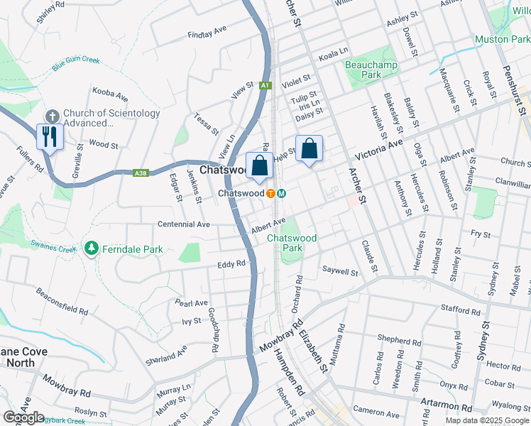 map of restaurants, bars, coffee shops, grocery stores, and more near 8 Thomas Street in Chatswood