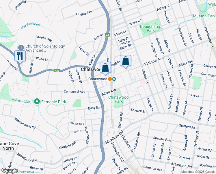 map of restaurants, bars, coffee shops, grocery stores, and more near 8 Thomas Street in Chatswood