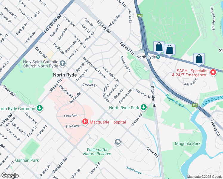 map of restaurants, bars, coffee shops, grocery stores, and more near 16 Kokoda Street in North Ryde