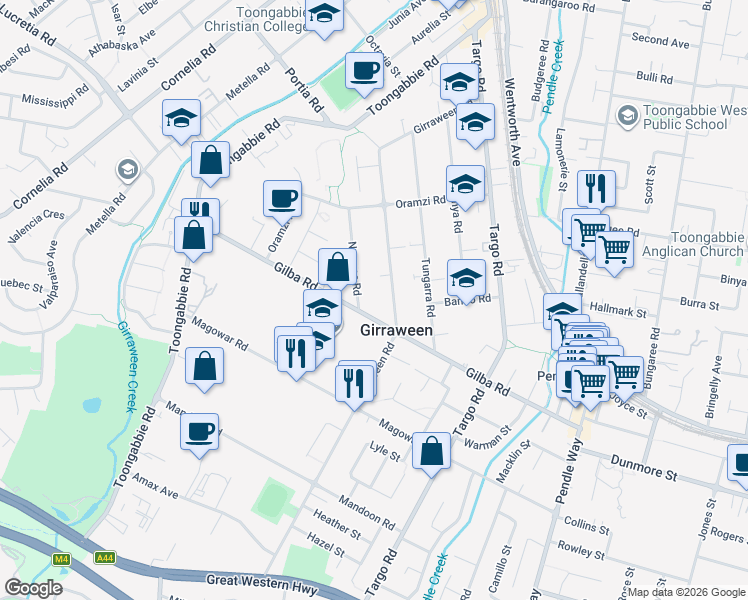 map of restaurants, bars, coffee shops, grocery stores, and more near 75 Gilba Road in Girraween