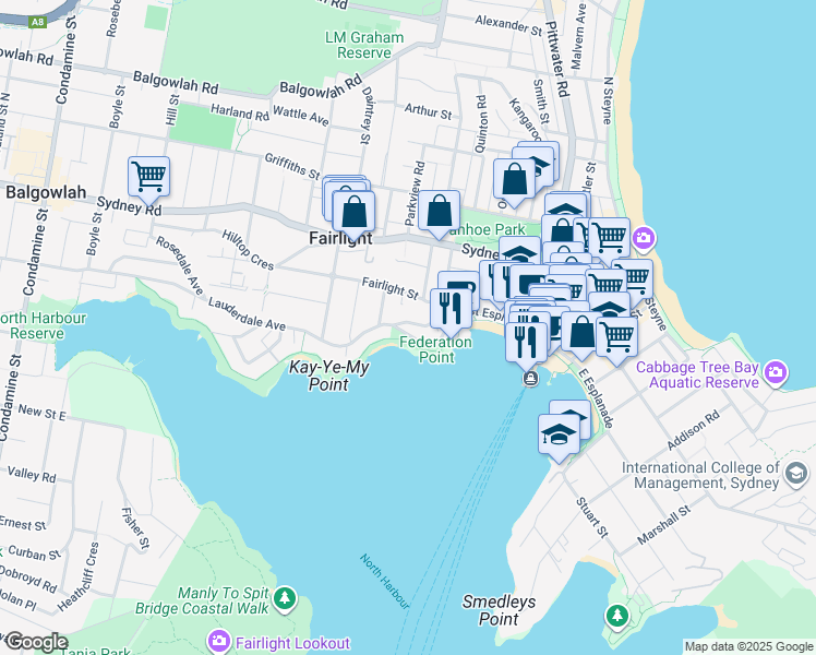 map of restaurants, bars, coffee shops, grocery stores, and more near 37 The Crescent in Manly