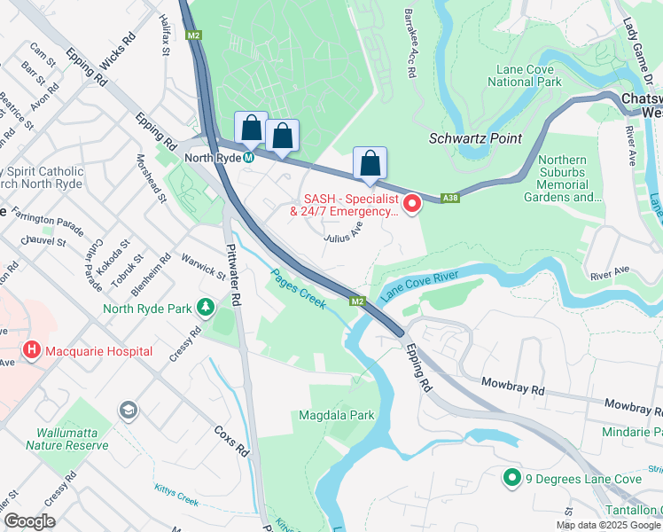 map of restaurants, bars, coffee shops, grocery stores, and more near 1 Lucknow Road in North Ryde