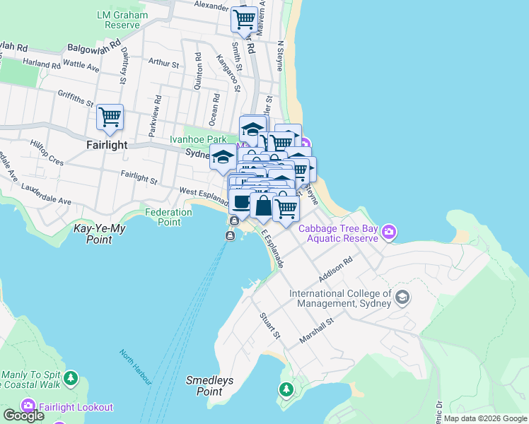 map of restaurants, bars, coffee shops, grocery stores, and more near 5 Wentworth Street in Manly