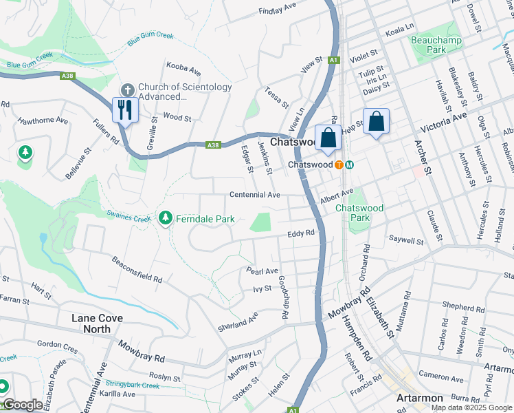 map of restaurants, bars, coffee shops, grocery stores, and more near 24 Centennial Avenue in Chatswood