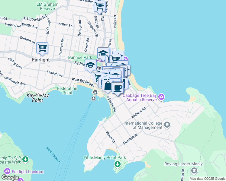 map of restaurants, bars, coffee shops, grocery stores, and more near 10 Darley Road in Manly