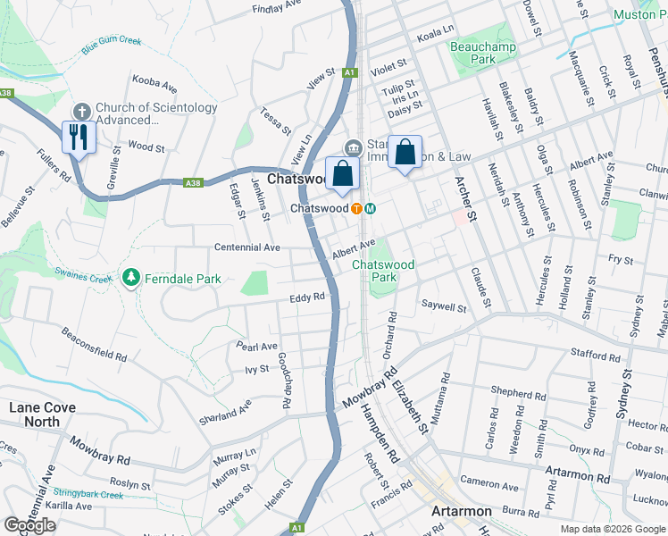 map of restaurants, bars, coffee shops, grocery stores, and more near 15 Ellis Street in Chatswood