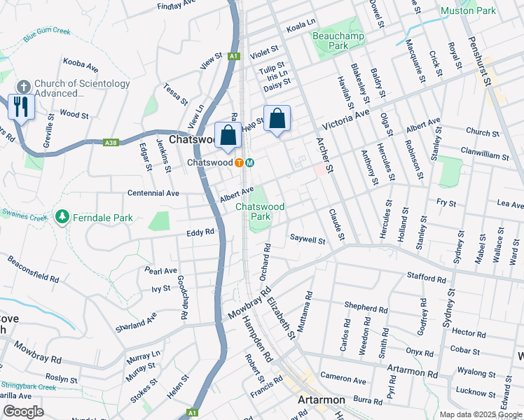 map of restaurants, bars, coffee shops, grocery stores, and more near 35 Orchard Road in Chatswood