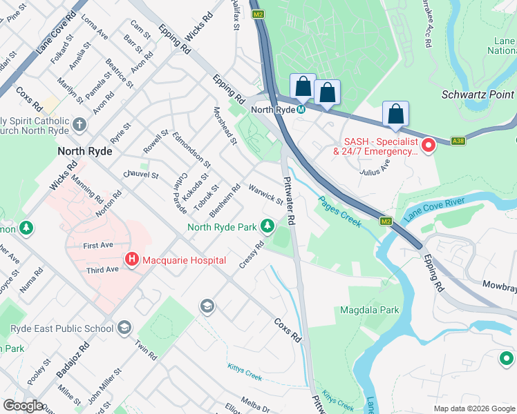 map of restaurants, bars, coffee shops, grocery stores, and more near 13 Ian Street in North Ryde
