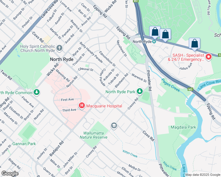 map of restaurants, bars, coffee shops, grocery stores, and more near 3A Cutler Parade in North Ryde