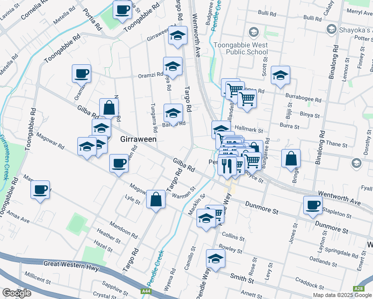 map of restaurants, bars, coffee shops, grocery stores, and more near 23-25 Toongabbie Road in Toongabbie