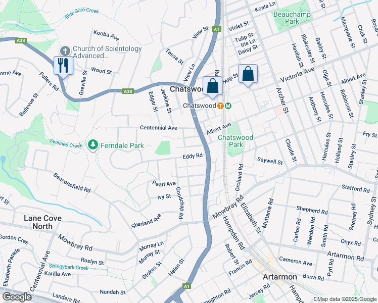 map of restaurants, bars, coffee shops, grocery stores, and more near 10 Freeman Road in Chatswood