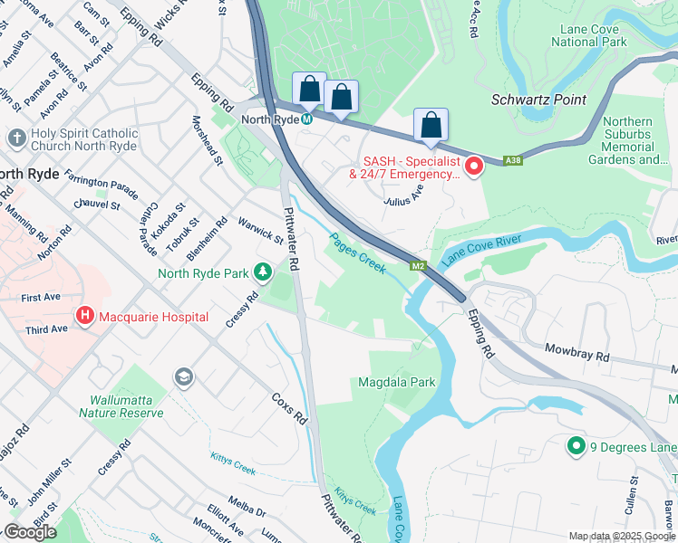 map of restaurants, bars, coffee shops, grocery stores, and more near 35 Gilda Street in North Ryde