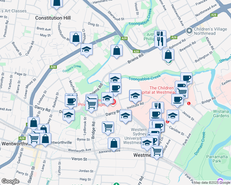 map of restaurants, bars, coffee shops, grocery stores, and more near 28 Mons Road in Westmead