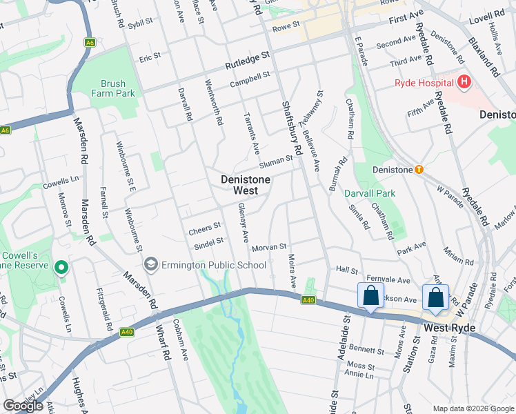 map of restaurants, bars, coffee shops, grocery stores, and more near 10 Driver Street in Denistone West