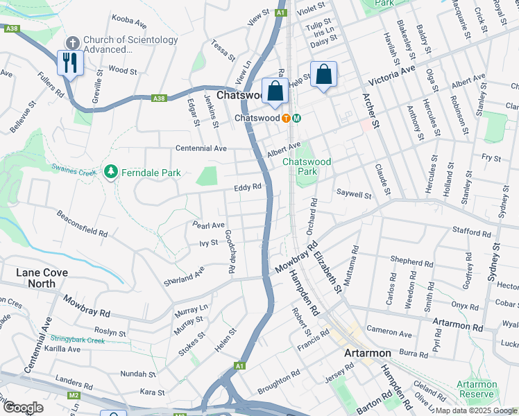 map of restaurants, bars, coffee shops, grocery stores, and more near 1 Sutherland Road in Chatswood