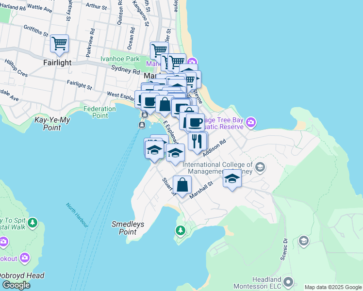 map of restaurants, bars, coffee shops, grocery stores, and more near 15 East Esplanade in Manly