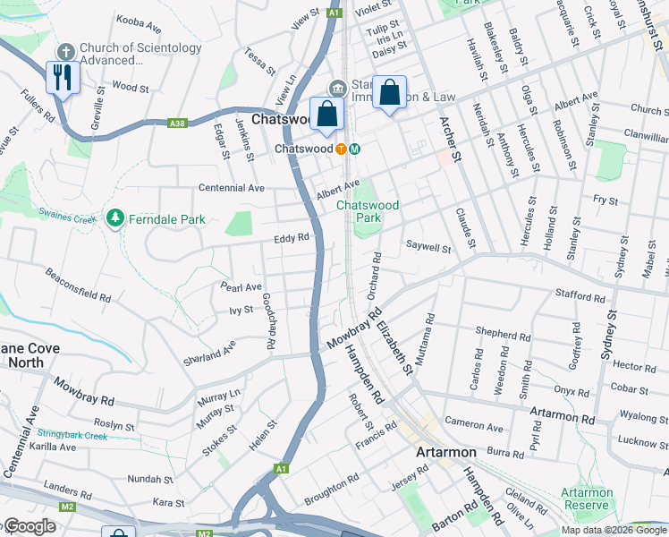 map of restaurants, bars, coffee shops, grocery stores, and more near 5-9 Gordon Avenue in Chatswood