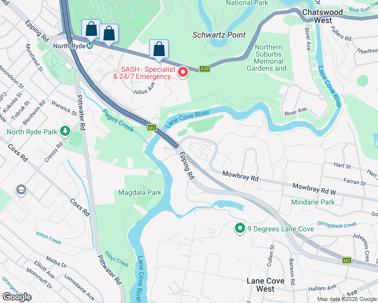 map of restaurants, bars, coffee shops, grocery stores, and more near 45 Walkers Drive in Lane Cove North