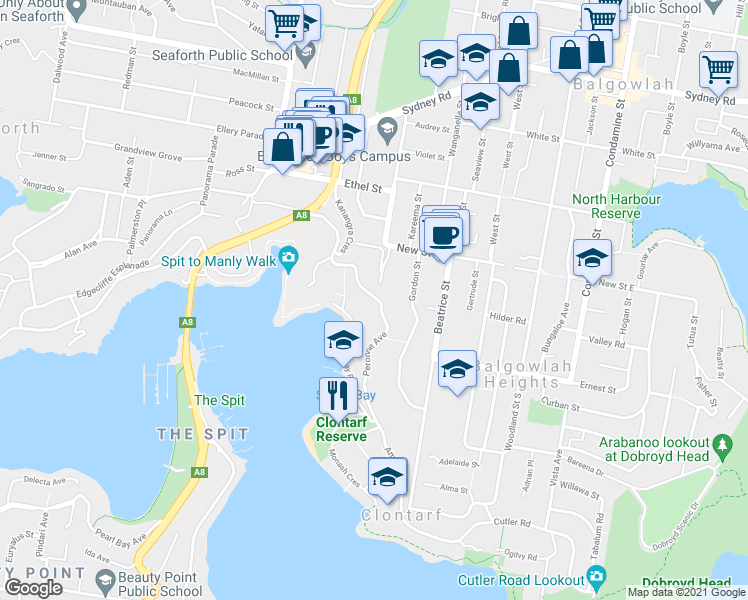 map of restaurants, bars, coffee shops, grocery stores, and more near 41B Peronne Avenue in Clontarf