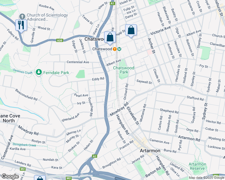map of restaurants, bars, coffee shops, grocery stores, and more near 5-9 Gordon Avenue in Chatswood