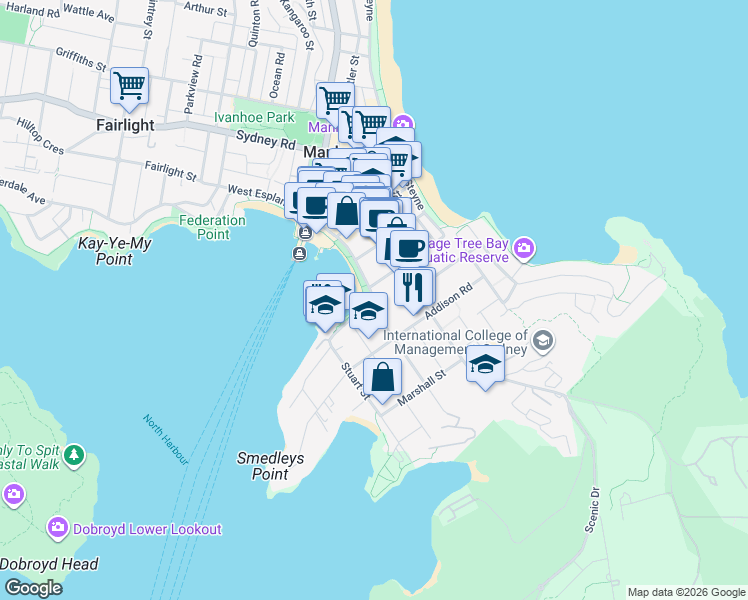 map of restaurants, bars, coffee shops, grocery stores, and more near 15 East Esplanade in Manly