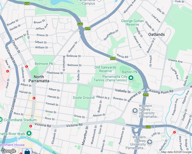 map of restaurants, bars, coffee shops, grocery stores, and more near 75 Gladstone Street in North Parramatta