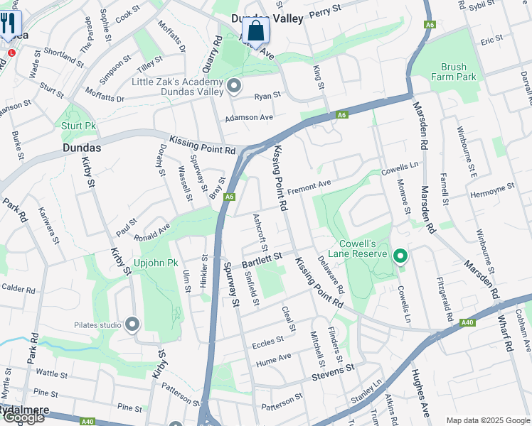 map of restaurants, bars, coffee shops, grocery stores, and more near 54 Bennetts Road East in Dundas