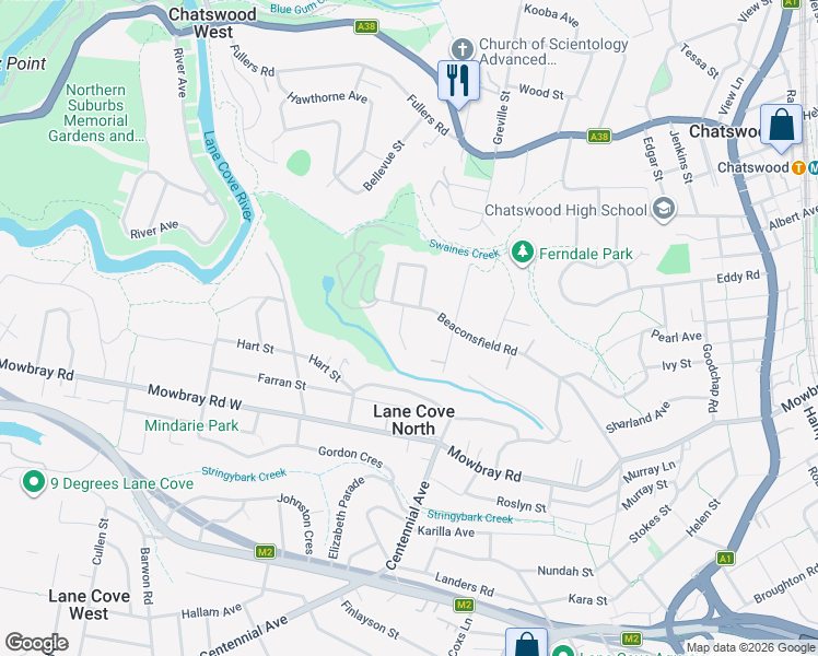 map of restaurants, bars, coffee shops, grocery stores, and more near 29 Cramer Crescent in Chatswood