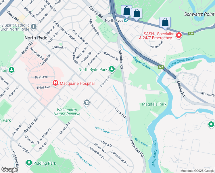 map of restaurants, bars, coffee shops, grocery stores, and more near 49 Conrad Street in North Ryde
