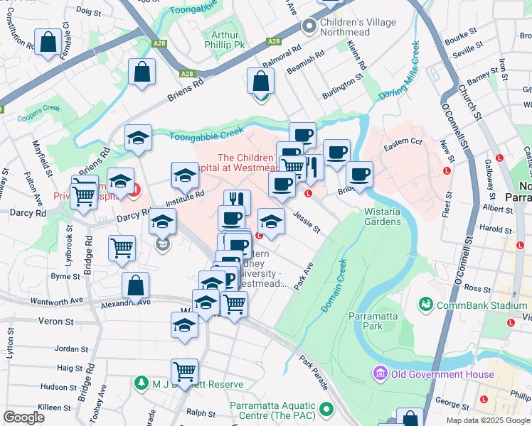 map of restaurants, bars, coffee shops, grocery stores, and more near 191 Hawkesbury Road in Westmead