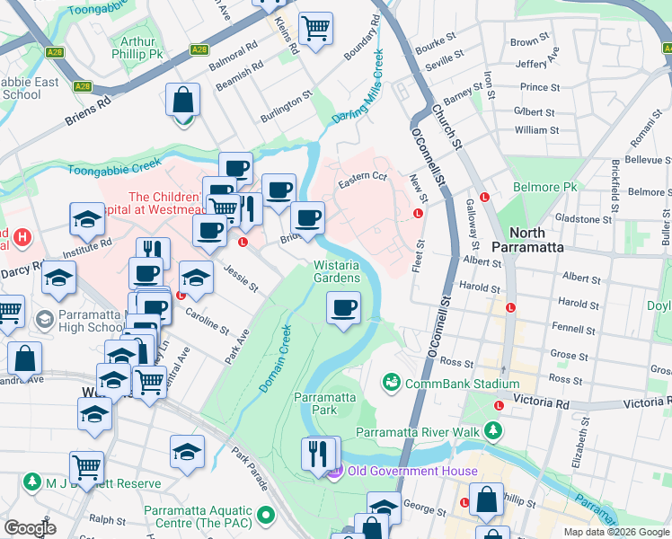 map of restaurants, bars, coffee shops, grocery stores, and more near 1 Hainsworth Street in Westmead