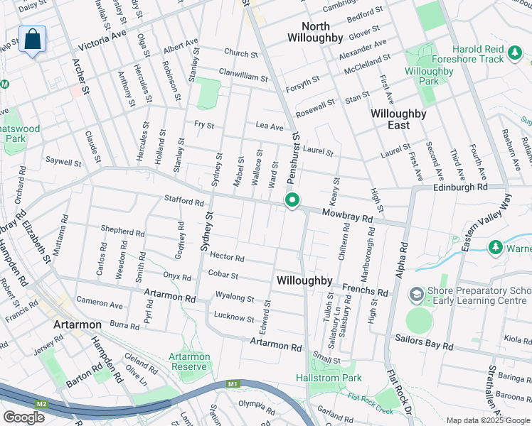 map of restaurants, bars, coffee shops, grocery stores, and more near 166 Mowbray Road in Willoughby