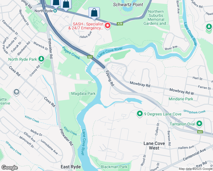 map of restaurants, bars, coffee shops, grocery stores, and more near 166 Epping Road in Lane Cove West